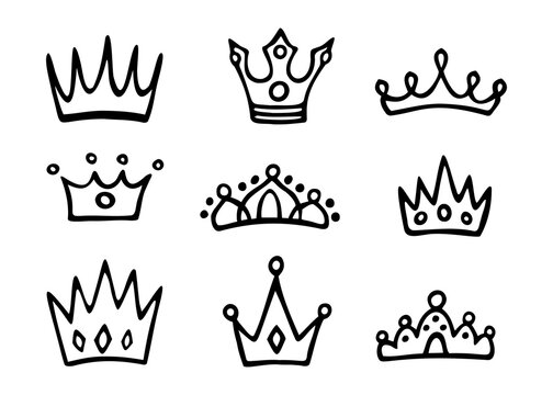 Vector set of different crowns and tiaras. Hand drawn, doodle elements isolated on white background.