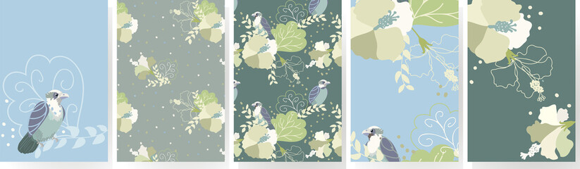 set of vector illustrations with birds and flowers in a doodle style. Suitable for backgrounds, greeting cards, invitations.