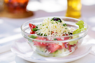 Traditional Bulgarian Salad Called Shopska with  Tomato,Cucumber and Cheese 