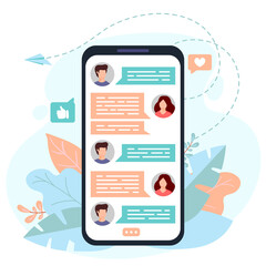 Phone with messages on screen. Chatting with friends in mobile application. Communication concept. Vector illustration