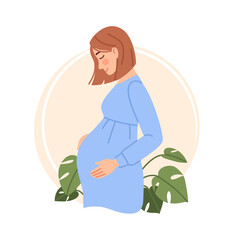 Pregnant woman portrait isolated on white. Flat happy smiling young girl expecting a baby hold pregnant belly. Pregnancy concept. Poster banner character design. Cartoon maternity vector illustration.