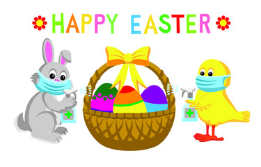 Cute cartoon style illustration of Easter Bunny and chick disinfecting basket of Easter eggs