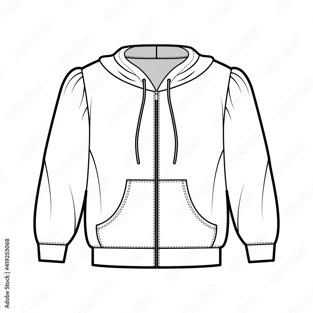 Wall mural Zip-up Hoody sweatshirt technical fashion illustration with elbow sleeves, relax body, kangaroo pouch, banded hem, drawstring. Flat apparel template front, white color. Women, men, unisex CAD mockup - Wall murals