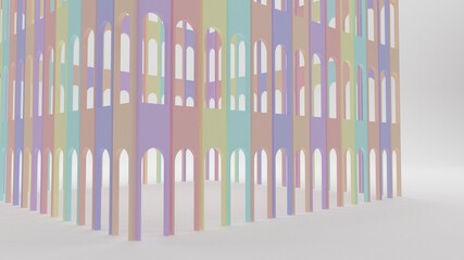 Colored walls with round arches. Rainbow interior on a white background. 3d render.