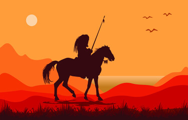 Dark silhouette of  medieval knight on horseback, against the sky