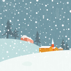 Winter background. Beautiful view of the snowy village at night. Vector illustration