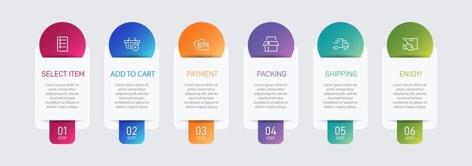 Concept of shopping process with 6 successive steps. Six colorful graphic elements. Timeline design for brochure, presentation, web site. Infographic design layout.