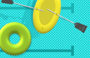 Inflatable mattress and boat, classic float in the pool. Refreshing 3D illustration, top view. Reflections of the water. Leisure and free time. Relaxing, swimming bed. Summer scene. 