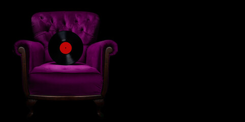 Vinyl record on a purple armchair - banner. Place for text.  CONCEPT