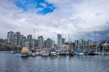 Vancouver marina, False Creek seen from Charleson Park. Vancouver buildings skyline in the background.