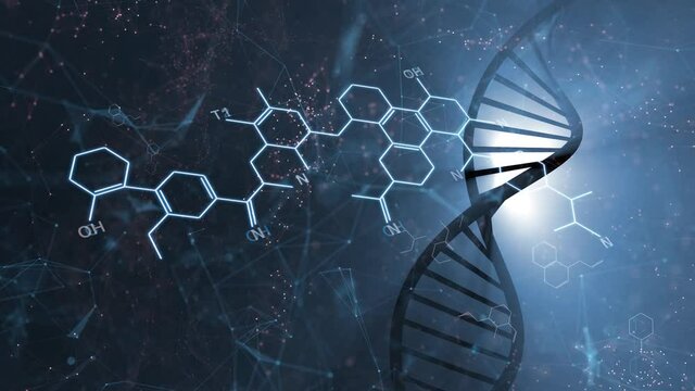 Modern shining  chemical molecules animation, abstract copy space dark blue background with rotating DNA strand.