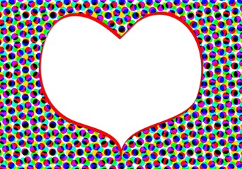 Red heart-shaped frame on a multicolored dotted patterned background. The heart concept is blank and white for your text.