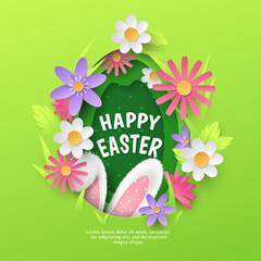 Cute holiday banner with vector layered paper cutout egg, realistic 3D fur ears of bunny, spring flowers, grass on green background. Cartoon festive template with text Happy Easter for greeting card.