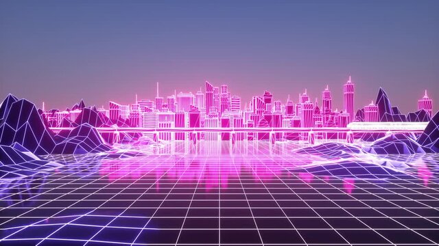Digital city. Futuristic neon skyscrapers background. Business and technology concept