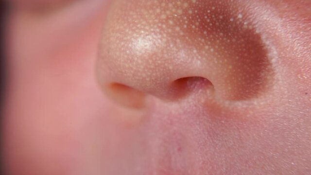 Lips and nose of a newborn baby after childbirth. White dots on the wings of the nose. Skin change during the first period of life. Camera movement in macro photography.