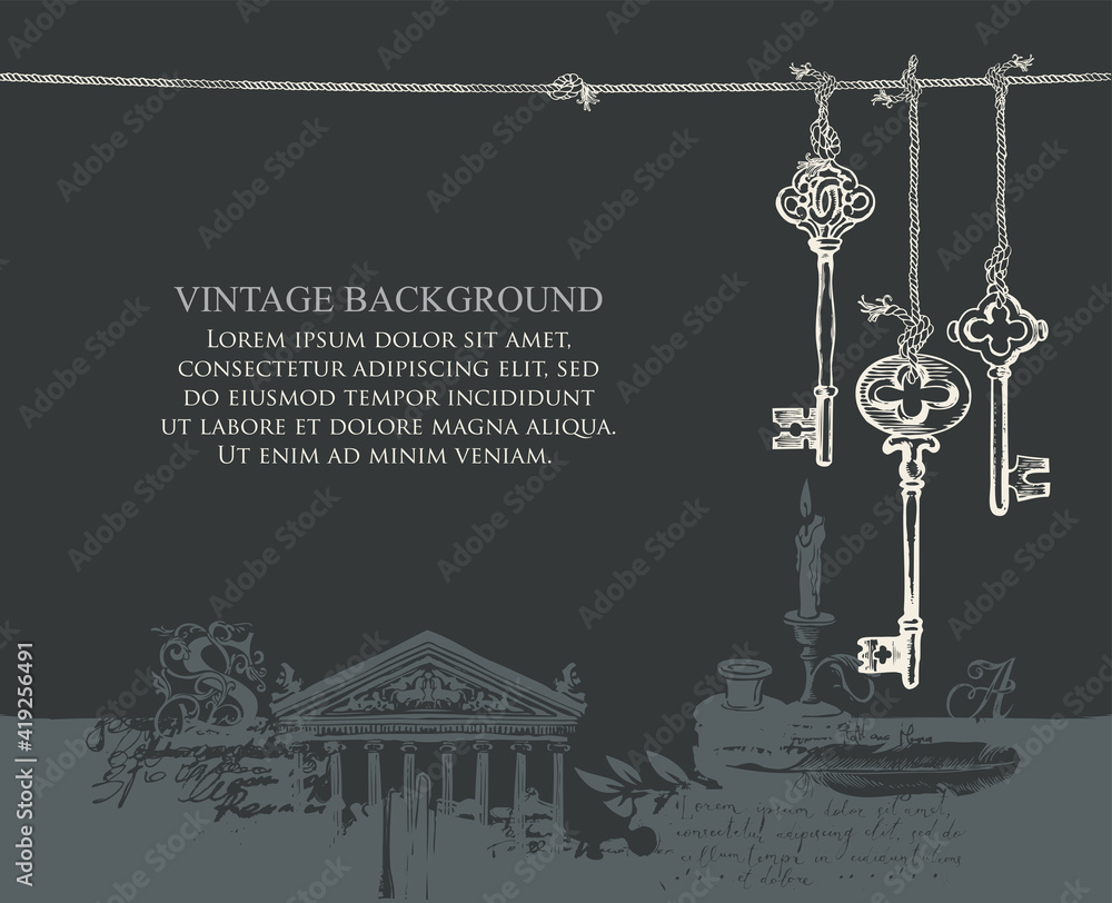 Aufkleber vintage background with drawings and a place for text. creative vector illustration with old keys ha