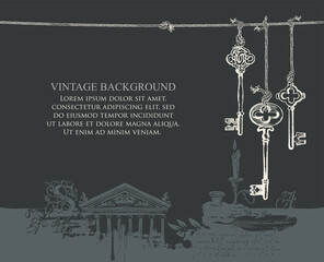 Vintage background with drawings and a place for text. Creative vector illustration with old keys hanging on a string on a black backdrop with candle, inkwell, feather and old building facade