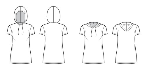 Set of Hoody dresses technical fashion illustration with short sleeves, mini length, oversized body, Pencil fullness. Flat apparel template front, back, white color. Women, men, unisex CAD mockup