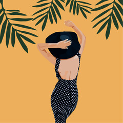 beautiful young woman in polka dots dress with hat on leaves background vector image illustration