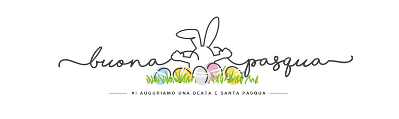 Happy Easter we wish you a holy and blessed Easter on Italian language. Handwritten art line design of Easter bunnies and colorful eggs in grass spring white background