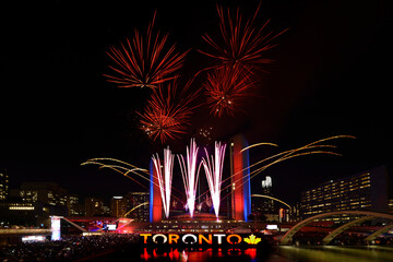 TORONTO, CANADA -JULY 1, 2017: Canada Day 2017 Fireworks set off from Toronto City Hall at Nathan...