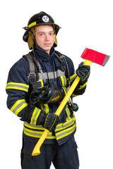 Portrait of young brave man in uniform and hard hat of fireman holds axe and looking at camera with smile isolated on white background