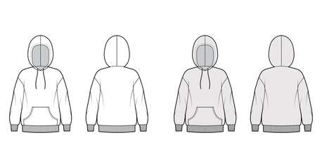 Hoody sweatshirt technical fashion illustration with long sleeves, oversized body, knit rib cuff, banded hem. Flat large apparel template front, back, white, grey color. Women, men, unisex CAD mockup