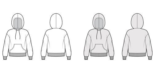 Hoody sweatshirt technical fashion illustration with long sleeves, oversized body, kangaroo pouch, knit rib cuff, banded hem. Flat medium front, back, white, grey color. Women, men, unisex CAD mockup
