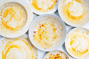 Dirty dishes on white background. Top view