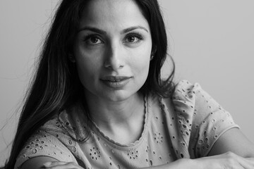 Black & white headshots of beautiful Asian Indian woman