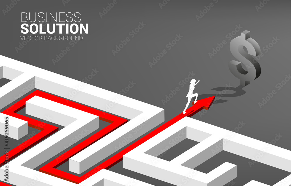 Aufkleber Silhouette of Businessman running on route path to exit the maze to dollar icon. Concept for business mission and way to company profit