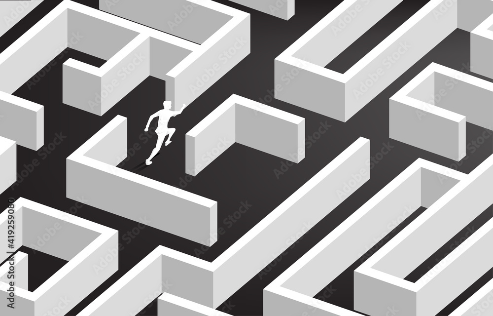 Poster Silhouette of businessman running at center of maze. Business concept for problem solving and solution strategy