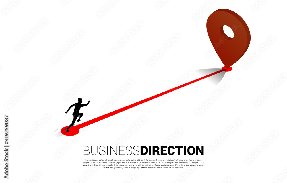 Poster route between 3d location pin markers and businessman . concept for location and business direction.