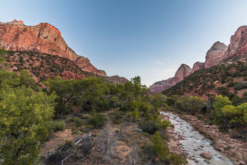 dramatic landscape of the Watchman and the Virgin River in Zion  national park in Utah