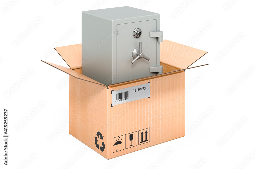 Poster combination safe box inside cardboard box, delivery concept. 3d rendering