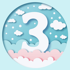 White number three on a blue background with clouds