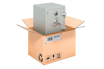 Combination Safe Box inside cardboard box, delivery concept. 3D rendering