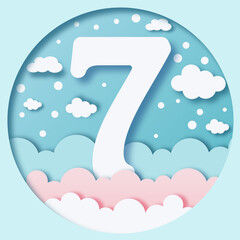 White number seven on a blue background with clouds