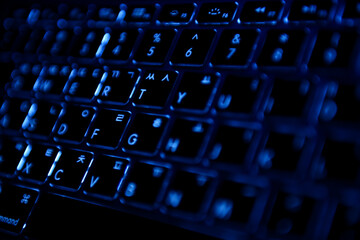 Closeup of laptop keyboard with backlight.