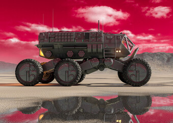 Naklejka premium commander transport on desert after rain side view with reflection on water