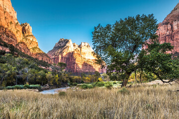 dramatic landscape photo of  canyons, cliffs, rivers in Zion national Park in Utah.