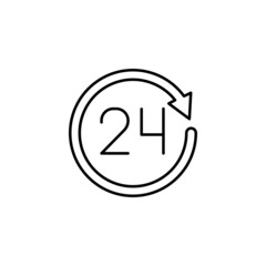 24 Hours service icon in flat black line style, isolated on white background 