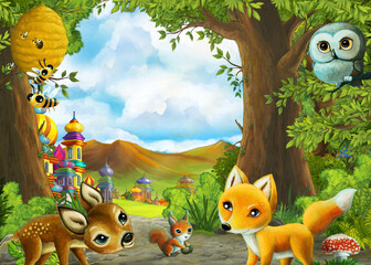 Cartoon nature scene near the forest with a path - illustration