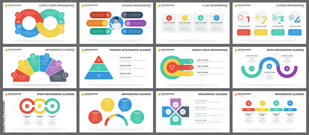 Poster infographic element template bundle, data visualization with steps, options, workflow diagram, multi