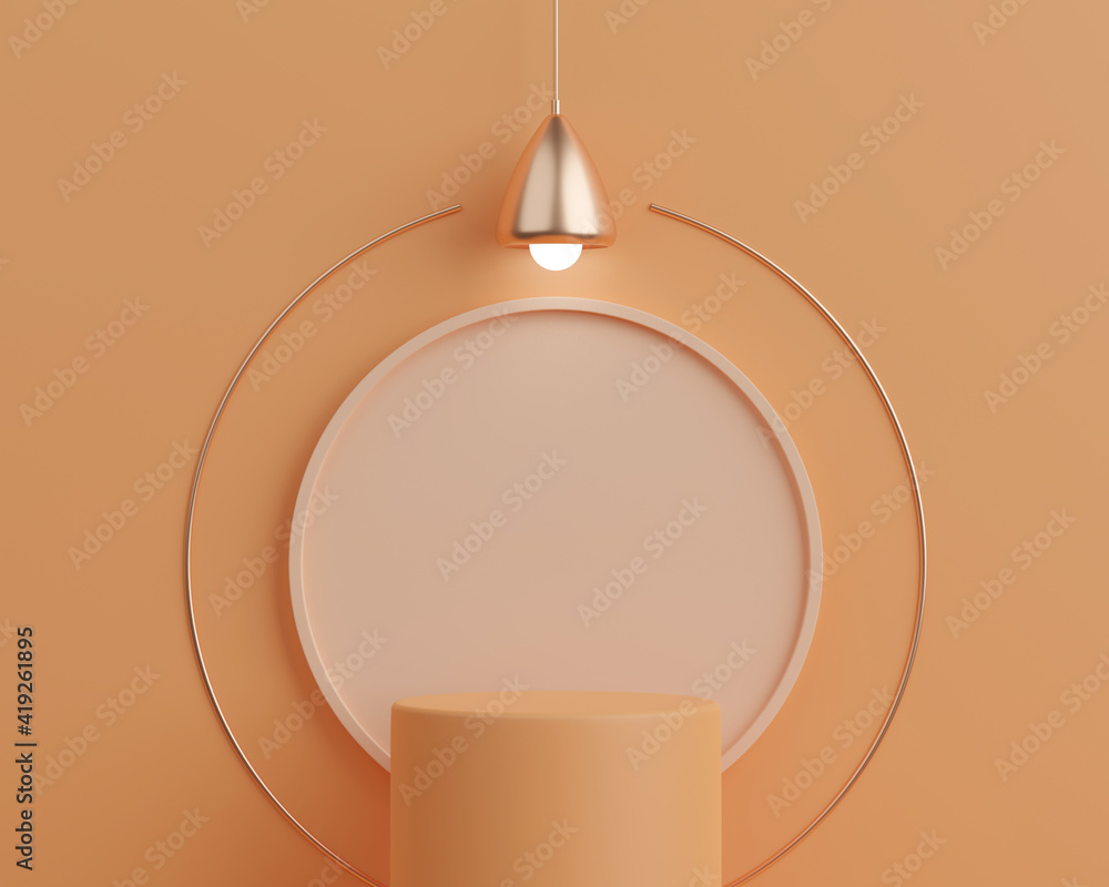 Poster 3d render empty cylinder podium on orange background with lamp.