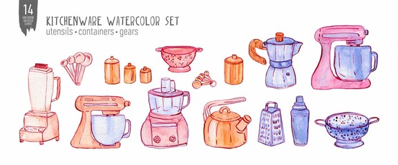 Watercolor handdrawn kitchenware set. Warm and cute palette  with ink outline.