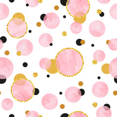 Seamless dotted pattern with pink and golden circles. Vector abstract geometric background with round shapes.