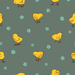 Seamless pattern with cute little chickens. Easter print with yellow chicks