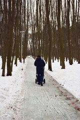 Fototapeta na wymiar Father walks with a baby carriage through a winter forest along a snow-covered forest path