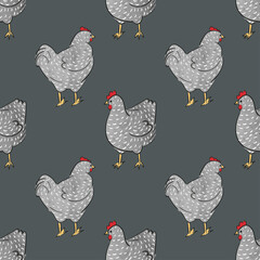Seamless chicken pattern. Speckled hens vector illustration.